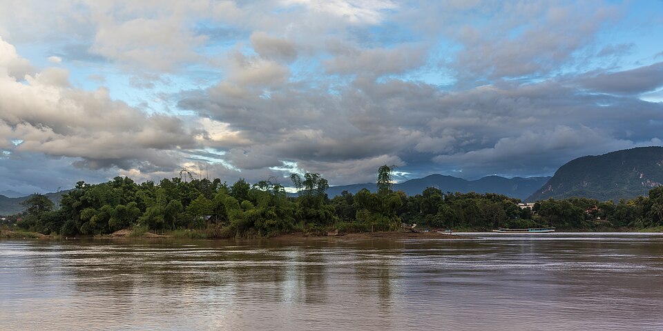 Aerial view of the Mekong River and its tributaries flowing through Laos